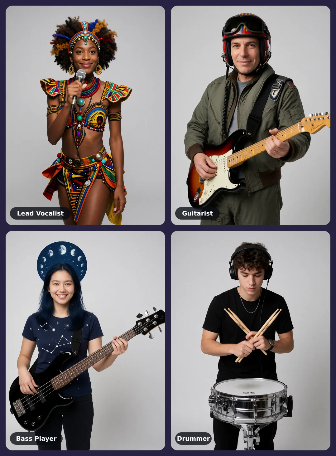 BandCast example showing separate character references assigned as lead vocalist, guitarist, bass player, and drummer.