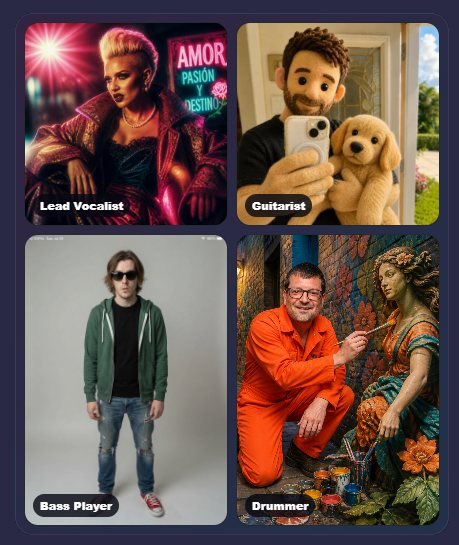 BandCast example showing separate character references assigned as lead vocalist, guitarist, bass player, and drummer.