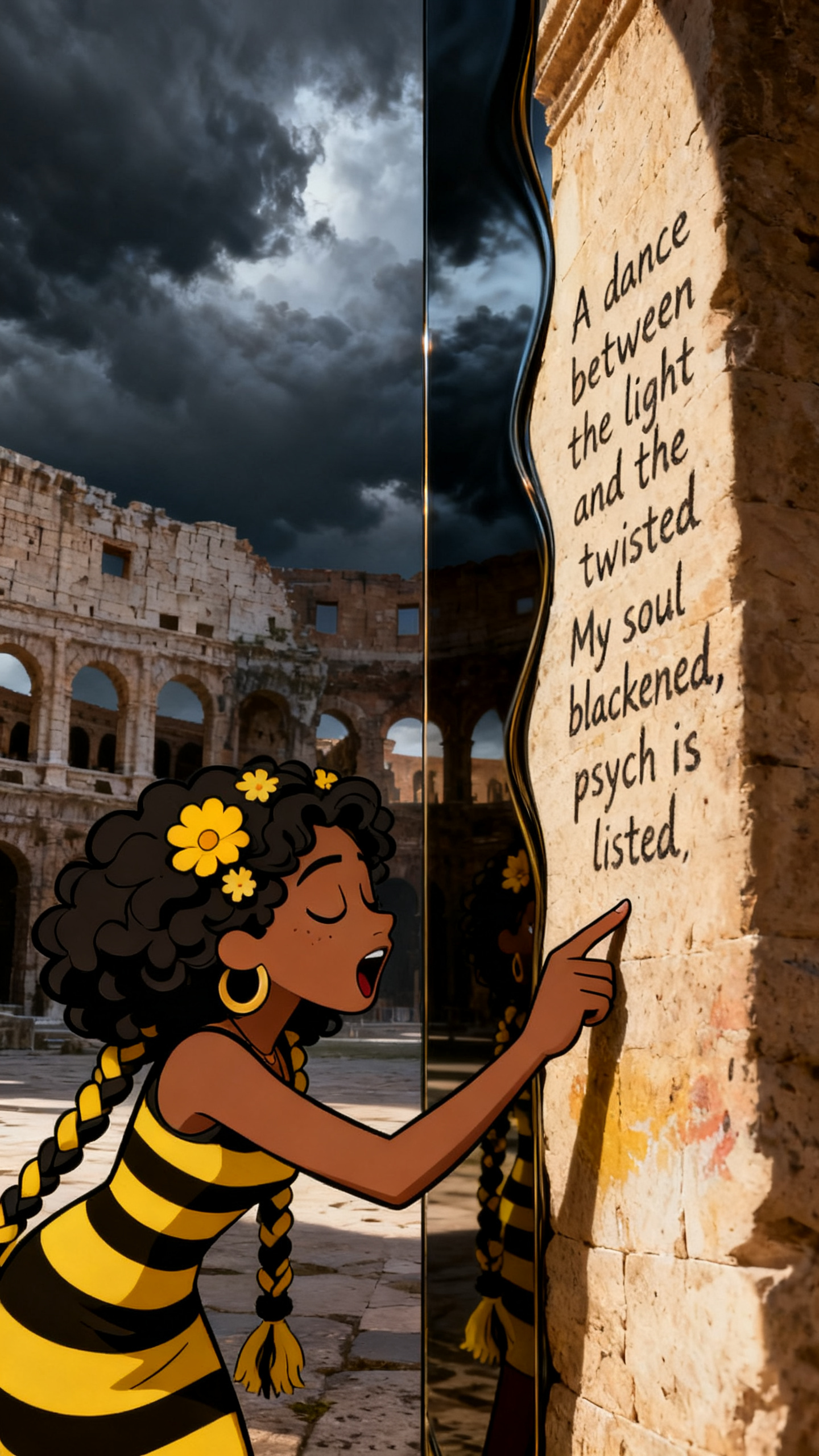 Cartoon Character in Real Scene + Roman Colosseum Storm
