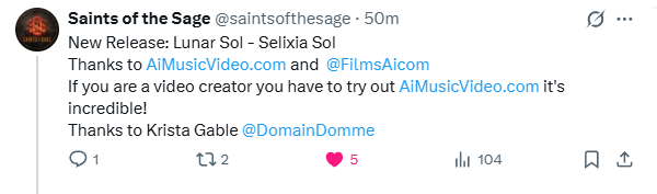 Screenshot of Saints of the Sage's public post recommending AIMusicVideo after releasing Lunar Sol - Selixia Sol