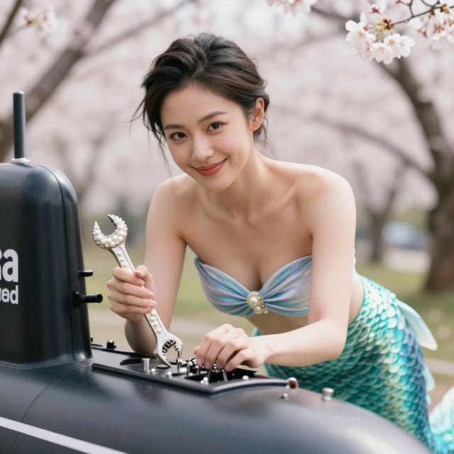 mermaid mechanic repairing a submarine with a pearl wrench