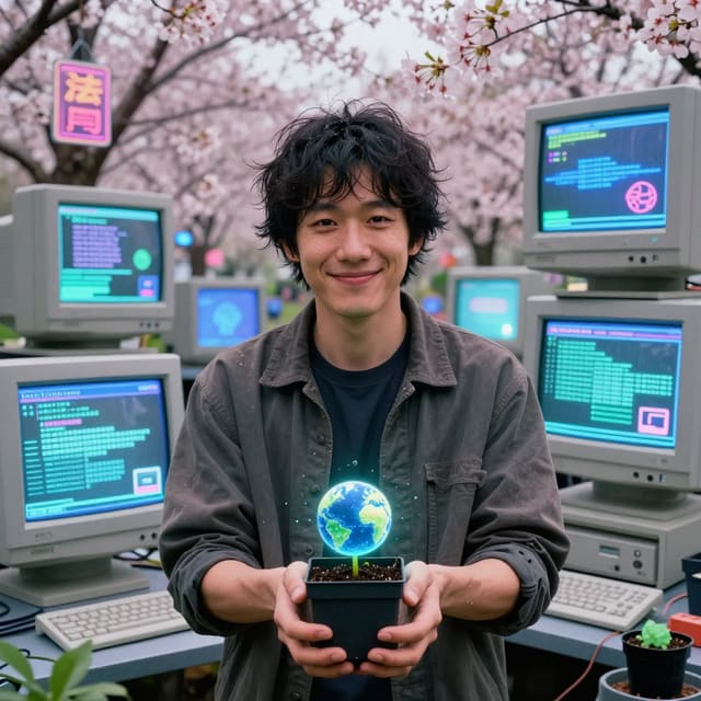 gardener growing tiny planets in flowerpots