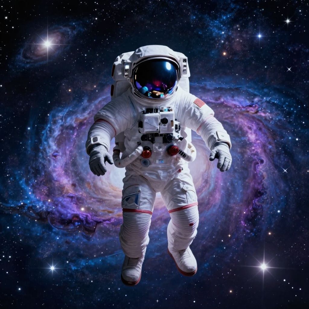 A retro-futuristic astronaut, embodying the spirit of the 19 cover art