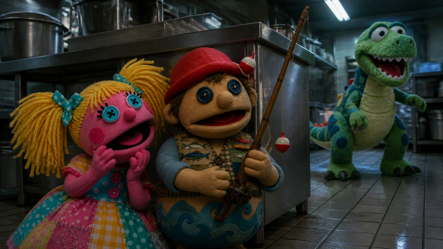 Bubblegum Betty and Gillbert the Fisher Puppet huddle behind a stainless steel kitchen counter, eyes wide with fear as they hear the raptor's claws clicking on the tile floor. Emotional tone: terrified, holding their breath. The raptor, a menacing creature with piercing eyes, prowls into view, sniffing the air and searching for its prey. Emotional tone: predatory, alert. Gillbert the Fisher Puppet peeks over the counter, his claymation eyes darting nervously as he spots the r Storyboard cover art