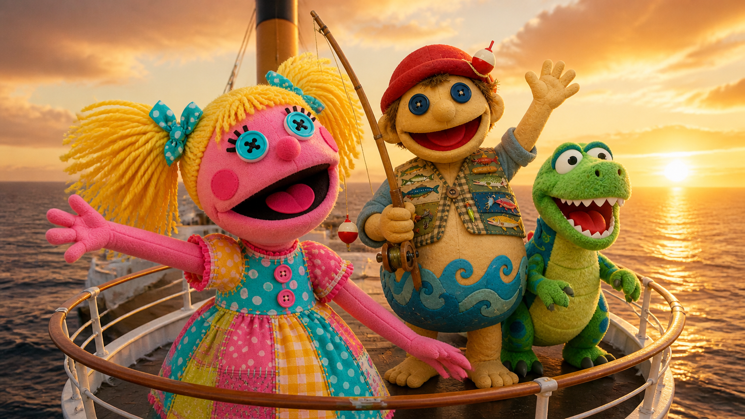 Bubblegum Betty and Gillbert the Fisher Puppet stand at the bow of the ship, with the vast ocean stretching out before them. The wind blows through their hair and fabric, creating a sense of freedom and exhilaration. Emotional tone: triumphant, shouting with joy. Gillbert the Fisher Puppet spreads his arms wide, embracing the moment as the sun sets on the horizon, casting a golden glow over the scene. Emotional tone: elated, basking in the moment. Bubblegum Betty stands besid Storyboard cover art