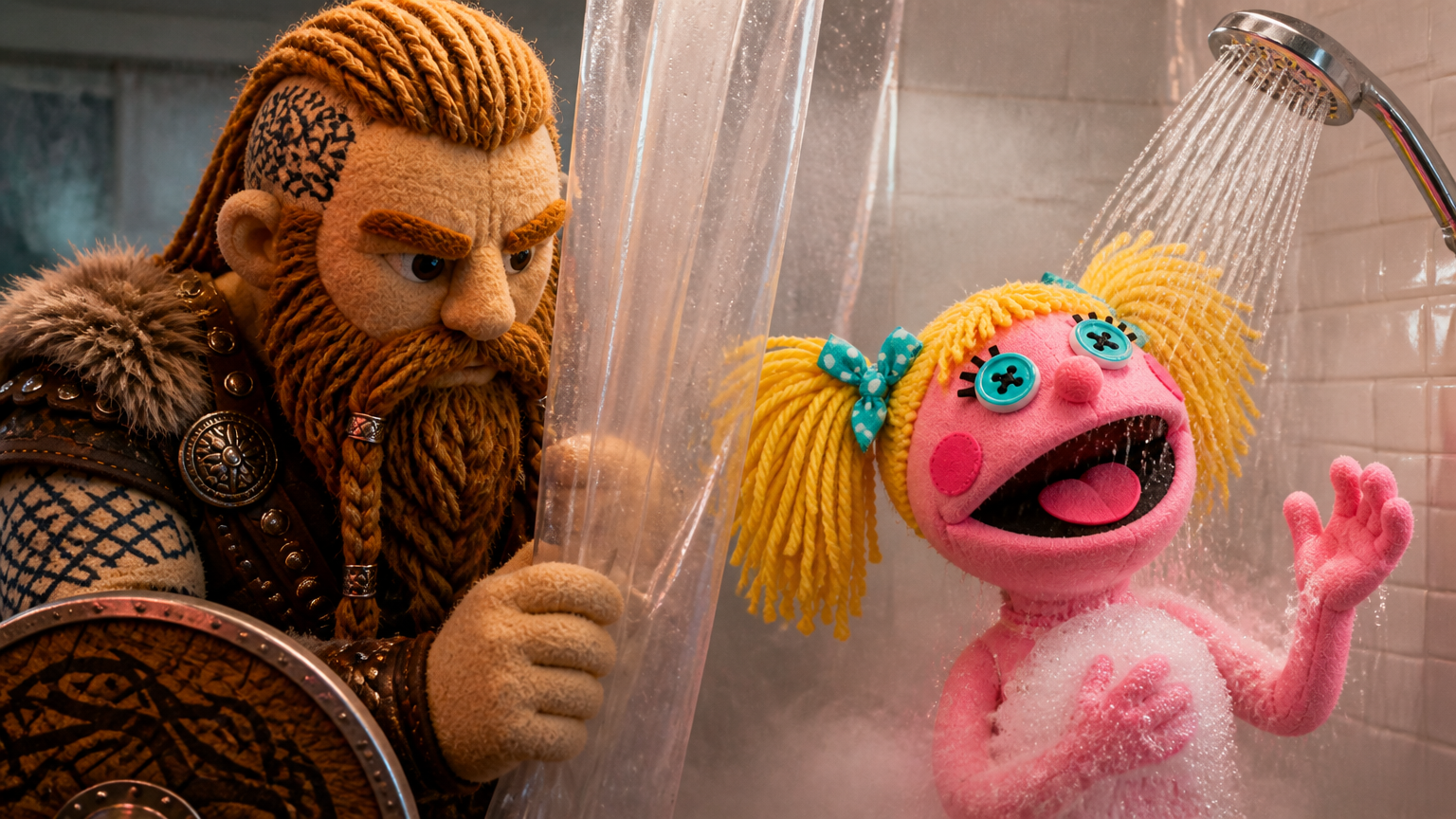 Bubblegum Betty stands in the shower, the water cascading down as she enjoys the moment, unaware of the impending danger. Emotional tone: blissfully unaware, relaxed. The bathroom door slowly creaks open, revealing the shadowy figure of Bjorn the Berserker, his large silhouette looming ominously. Emotional tone: menacing, advancing. Bjorn the Berserker pulls back the shower curtain with a sudden, violent motion, revealing Bubblegum Betty's startled expression. Emotional tone: Storyboard cover art