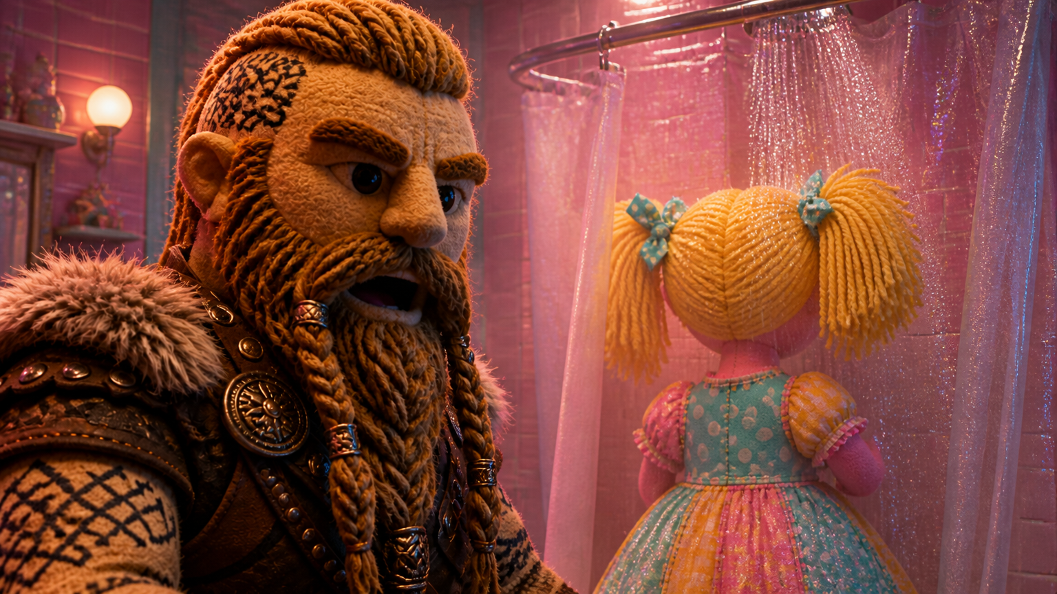 Bubblegum Betty stands in the shower, water cascading down her bright pink and turquoise fabric. The camera captures her from behind, the shower curtain partially obscuring her. The camera slowly zooms in on the shadow of Bjorn the Berserker as he approaches the shower curtain, his towering silhouette looming ominously. Bjorn the Berserker violently pulls back the shower curtain, revealing Bubblegum Betty's shocked expression as she turns to face him, water droplets glistenin Storyboard cover art