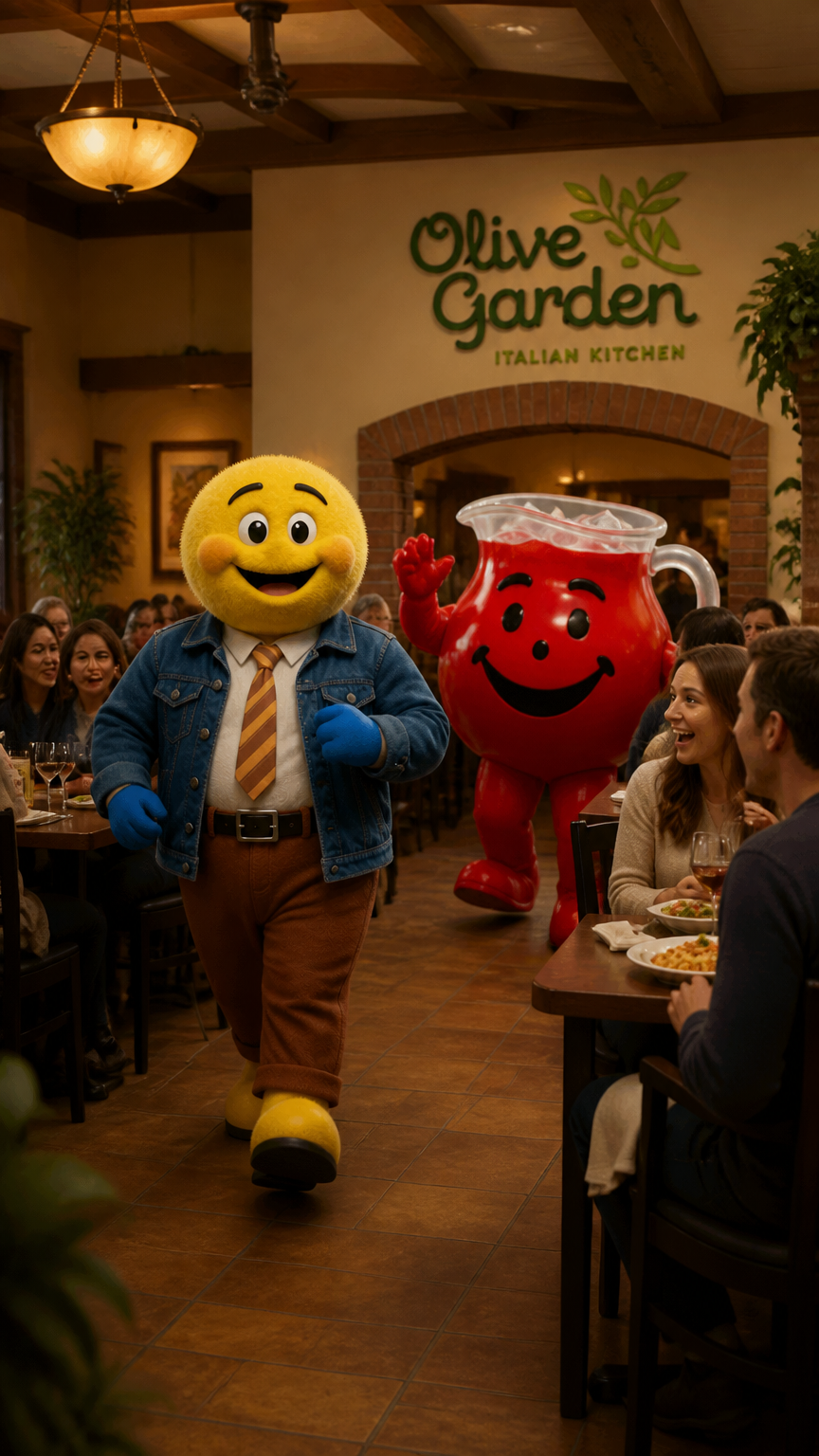 Create a commercial for the Olive Garden and have the kool aid man be the new mascot. Storyboard cover art