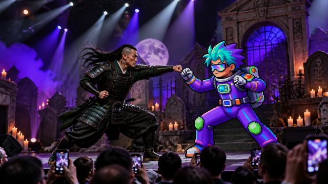 Fighter One VERSUS Fighter Two — a non-stop one-on-one martial-arts FIGHT where the two characters battle each other the entire time using their own unique powers, moves, and fighting style. Fast, precise choreography: punches, blocks, spinning kicks, dodges, throws, and special moves connecting at impressive speed, dust kicking up from the stage floor. EVERY scene is pure mid-combat action — NO preparation, posing, walking up, talking, or spoken dialog. Performed on a raised theater stage with cemetery built as an elaborate scenic backdrop/set, like a Las Vegas stage show with dramatic stage lighting and spotlights. POV HANDHELD PHONE-CAMERA shot filmed by someone in the audience, raised above other people's heads in the crowd, frame slightly unsteady, shot from a fixed audience position. A large crowd fills the FOREGROUND — dark-haired heads silhouetted, many holding up phones recording the show — with shallow focus on the elevated stage where the fight happens, above and in front of the crowd. One continuous handheld audience shot, no cuts to another location; the crowd gasps and cheers. PHOTO STYLE: looks like a real amateur smartphone photo taken from the crowd — candid and unposed, natural daylight, slight handheld motion blur and sensor noise, shallow focus on the stage, photorealistic documentary snapshot, NOT a glossy cinematic studio render. Storyboard