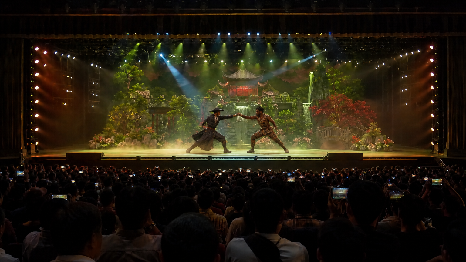 Fighter One VERSUS Fighter Two — a non-stop one-on-one martial-arts FIGHT where the two characters battle each other the entire time using their own unique powers, moves, and fighting style. Fast, precise choreography: punches, blocks, spinning kicks, dodges, throws, and special moves connecting at impressive speed, dust kicking up from the stage floor. EVERY scene is pure mid-combat action — NO preparation, posing, walking up, talking, or spoken dialog. Performed on a raised theater stage with sunny garden built as an elaborate scenic backdrop/set, like a Las Vegas stage show with dramatic stage lighting and spotlights. WIDE ESTABLISHING SHOT, camera far back at the rear of the audience and ZOOMED OUT so the ENTIRE stage and a large portion of the crowd are visible in a wide widescreen frame — the fighters appear small in the distance on the full stage, NOT a close-up. POV handheld phone-camera filmed from the audience, raised above other people's heads, frame slightly unsteady, fixed position. A large crowd fills the whole FOREGROUND — many dark-haired heads silhouetted, holding up phones recording the show — with the full elevated stage and the fight clearly in the distance above and in front of them. One continuous handheld audience shot, no cuts to another location; the crowd gasps and cheers. PHOTO STYLE: looks like a real amateur smartphone photo taken from the crowd — candid and unposed, natural daylight, slight handheld motion blur and sensor noise, shallow focus on the stage, photorealistic documentary snapshot, NOT a glossy cinematic studio render. Storyboard cover art