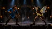 Fighter One VERSUS Fighter Two — a non-stop one-on-one martial-arts FIGHT where the two characters battle each other the entire time using their own unique powers, moves, and fighting style. Fast, precise choreography: punches, blocks, spinning kicks, dodges, throws, and special moves connecting at impressive speed, dust kicking up from the stage floor. EVERY scene is pure mid-combat action — NO preparation, posing, walking up, talking, or spoken dialog. Performed on a raised theater stage with cemetery built as an elaborate scenic backdrop/set, like a Las Vegas stage show with dramatic stage lighting and spotlights. WIDE ESTABLISHING SHOT, camera far back at the rear of the audience and ZOOMED OUT so the ENTIRE stage and a large portion of the crowd are visible in a wide widescreen frame — the fighters appear small in the distance on the full stage, NOT a close-up. POV handheld phone-camera filmed from the audience, raised above other people's heads, frame slightly unsteady, fixed position. A large crowd fills the whole FOREGROUND — many dark-haired heads silhouetted, holding up phones recording the show — with the full elevated stage and the fight clearly in the distance above and in front of them. One continuous handheld audience shot, no cuts to another location; the crowd gasps and cheers. PHOTO STYLE: looks like a real amateur smartphone photo taken from the crowd — candid and unposed, natural daylight, slight handheld motion blur and sensor noise, shallow focus on the stage, photorealistic documentary snapshot, NOT a glossy cinematic studio render. Storyboard cover art