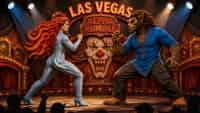 Fighter One VERSUS Fighter Two — a non-stop one-on-one FIGHT where the two characters battle each other the entire time using their own unique powers, moves, and fighting style. EVERY scene is active mid-combat action — punches, kicks, blocks, dodges, throws, and special moves connecting — shot dramatically like a 2D side-view fighting game with both fighters in profile. NO scene shows preparation, posing, walking up, talking, or any spoken dialog; it is pure fighting from start to finish. Performed on a RAISED THEATER STAGE lifted above the audience, with evil carnival built as the stage backdrop/set behind them like a Las Vegas stage show with dramatic stage lighting and spotlights. Filmed from a seated audience member's point of view looking up at the stage: the backs of heads and silhouettes of the SEATED CROWD fill the foreground across the bottom of frame, all facing the stage, with the elevated stage and the fight clearly above and in front of them. The fight stays up on the stage the entire time; one continuous escalating fight, no cuts to another location. Storyboard cover art