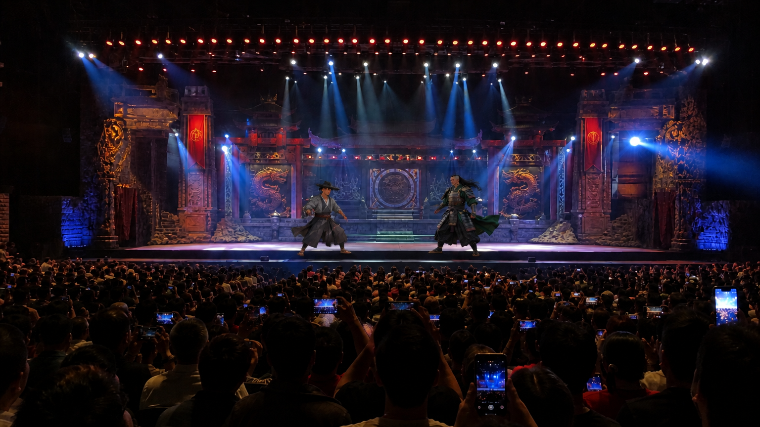 Fighter One VERSUS Fighter Two — a non-stop one-on-one martial-arts FIGHT where the two characters battle each other the entire time using their own unique powers, moves, and fighting style. Fast, precise choreography: punches, blocks, spinning kicks, dodges, throws, and special moves connecting at impressive speed, dust kicking up from the stage floor. EVERY scene is pure mid-combat action — NO preparation, posing, walking up, talking, or spoken dialog. Performed on a raised theater stage with garden built as an elaborate scenic backdrop/set, like a Las Vegas stage show with dramatic stage lighting and spotlights. WIDE ESTABLISHING SHOT, camera far back at the rear of the audience and ZOOMED OUT so the ENTIRE stage and a large portion of the crowd are visible in a wide widescreen frame — the fighters appear small in the distance on the full stage, NOT a close-up. POV handheld phone-camera filmed from the audience, raised above other people's heads, frame slightly unsteady, fixed position. A large crowd fills the whole FOREGROUND — many dark-haired heads silhouetted, holding up phones recording the show — with the full elevated stage and the fight clearly in the distance above and in front of them. One continuous handheld audience shot, no cuts to another location; the crowd gasps and cheers. PHOTO STYLE: looks like a real amateur smartphone photo taken from the crowd — candid and unposed, natural daylight, slight handheld motion blur and sensor noise, shallow focus on the stage, photorealistic documentary snapshot, NOT a glossy cinematic studio render. Storyboard cover art
