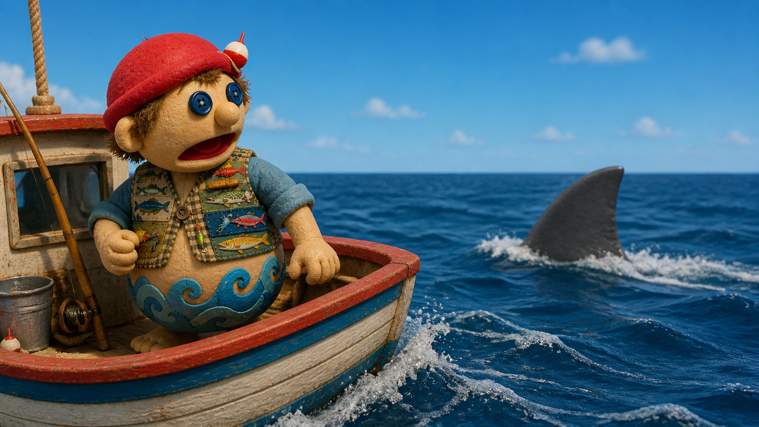 Gillbert the Fisher Puppet stands on the boat's deck, looking out at the vast ocean. Suddenly, he sees a massive shark fin emerge from the water, gliding ominously towards the boat. Emotional tone: shocked and wide-eyed with fear. Gillbert the Fisher Puppet, still in shock, backs away from the edge of the boat, his eyes locked on the approaching shark fin. He turns and calls out to the captain inside the boat. Emotional tone: nervous, voice trembling with urgency. Storyboard cover art