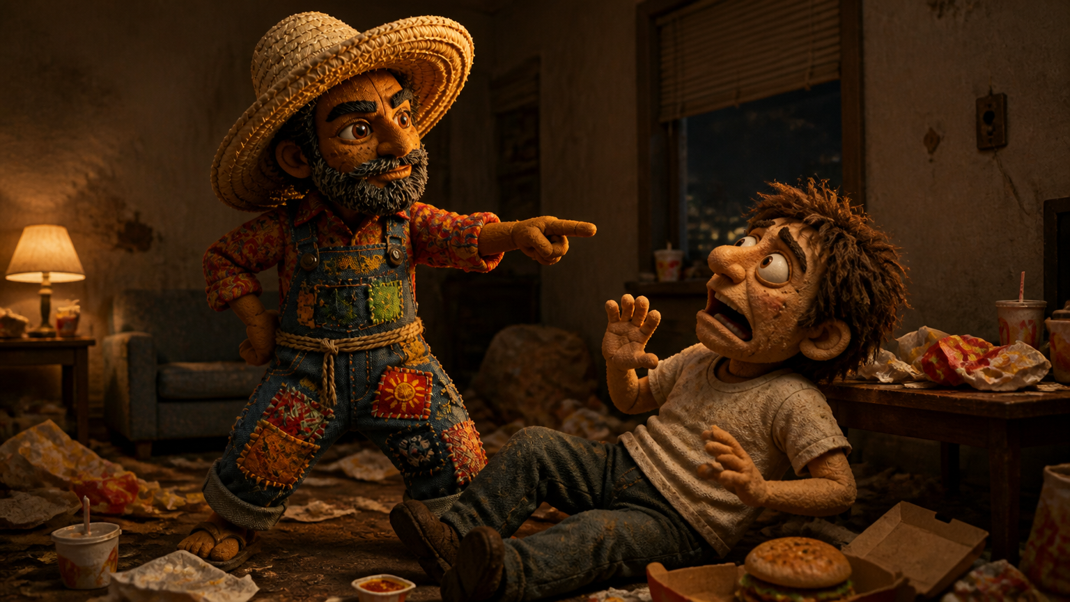 In a dimly lit apartment, Captain Elias Ocampo stands menacingly over a seated man, who looks terrified. The room is cluttered with fast-food wrappers and cheap furniture. Captain Elias holds a gun pointed directly at the man's face, his expression cold and intense. Emotional tone: menacing, demanding. The seated man stammers nervously, trying to respond but clearly scared out of his wits. His eyes dart around, looking for a way out. Emotional tone: frightened, stammering. Ca Storyboard cover art