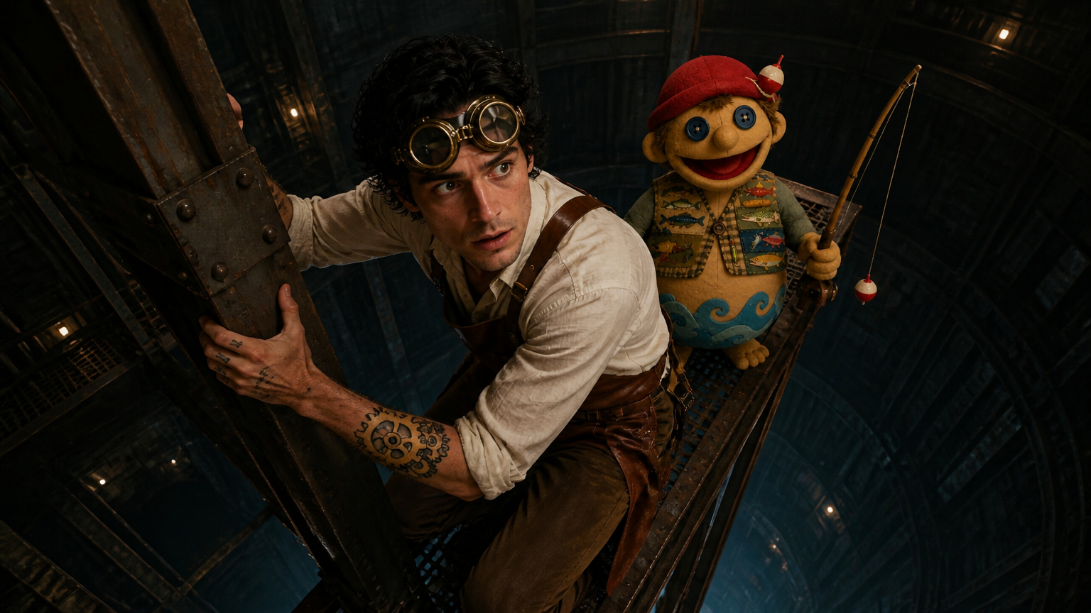 Lucien Poincaré stands on a narrow platform, surrounded by the vast, dark expanse of the reactor shaft. His face is filled with shock and disbelief as he clings to a metal beam, his eyes wide. Emotional tone: shocked, desperate. Gillbert the Fisher Puppet, with his claymation features, looms over Lucien. The lighting casts deep shadows across his exaggerated features, giving him a menacing presence as he stands confidently on the platform above. Emotional tone: menacing, calm Storyboard cover art