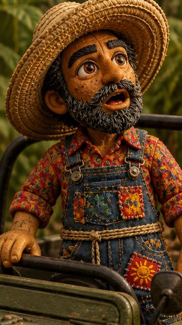 Captain Elias Ocampo stands in an open jeep, surrounded by lush greenery. The camera captures his awe-struck expression as he gazes at something incredible in the distance. Emotional tone: astonished, speechless. Gillbert the Fisher Puppet, sitting beside Captain Elias in the jeep, turns his head slowly to follow Captain Elias's line of sight. His claymation eyes widen in disbelief. Emotional tone: excited, hopeful. The camera pans to reveal a towering Brachiosaurus gracefull Storyboard