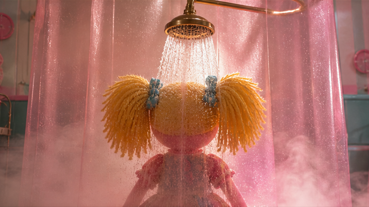Bubblegum Betty stands under the running shower, steam rising around her. The camera captures her from behind, focusing on the showerhead and her silhouette through the translucent curtain. Emotional tone: calm, unaware. The shadow of Captain Elias Ocampo appears behind the shower curtain, holding a knife aloft. The silhouette is menacing and looms closer to Bubblegum Betty. Emotional tone: ominous, threatening. Bubblegum Betty turns suddenly, her face filled with terror as s Storyboard cover art