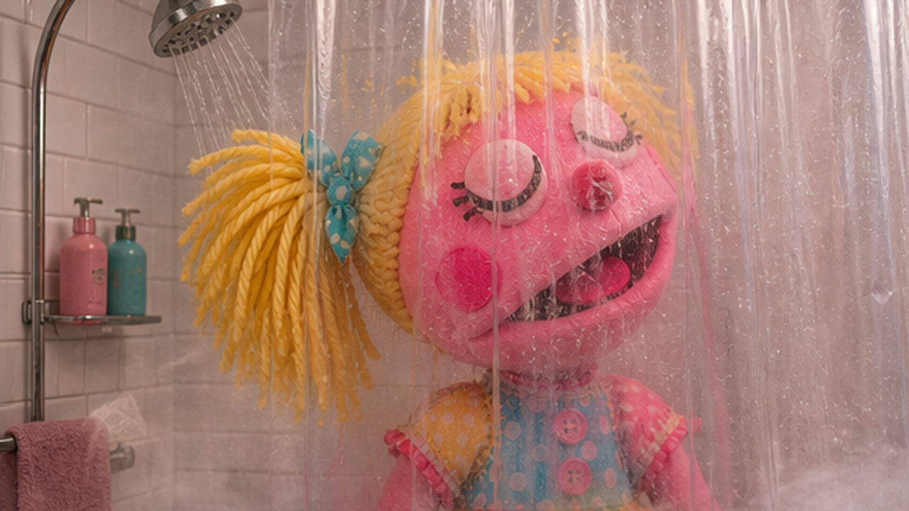 In a small, white-tiled bathroom, Bubblegum Betty stands under the shower, steam rising around her as water cascades down. The translucent shower curtain is drawn, partially obscuring her figure. Emotional tone: calm, relaxed. The bathroom door silently opens, and Captain Elias Ocampo steps inside, his face in shadow. He approaches the shower with a deliberate, menacing presence, holding a raised knife in his hand. Emotional tone: menacing, advancing. Bubblegum Betty turns sl Storyboard cover art