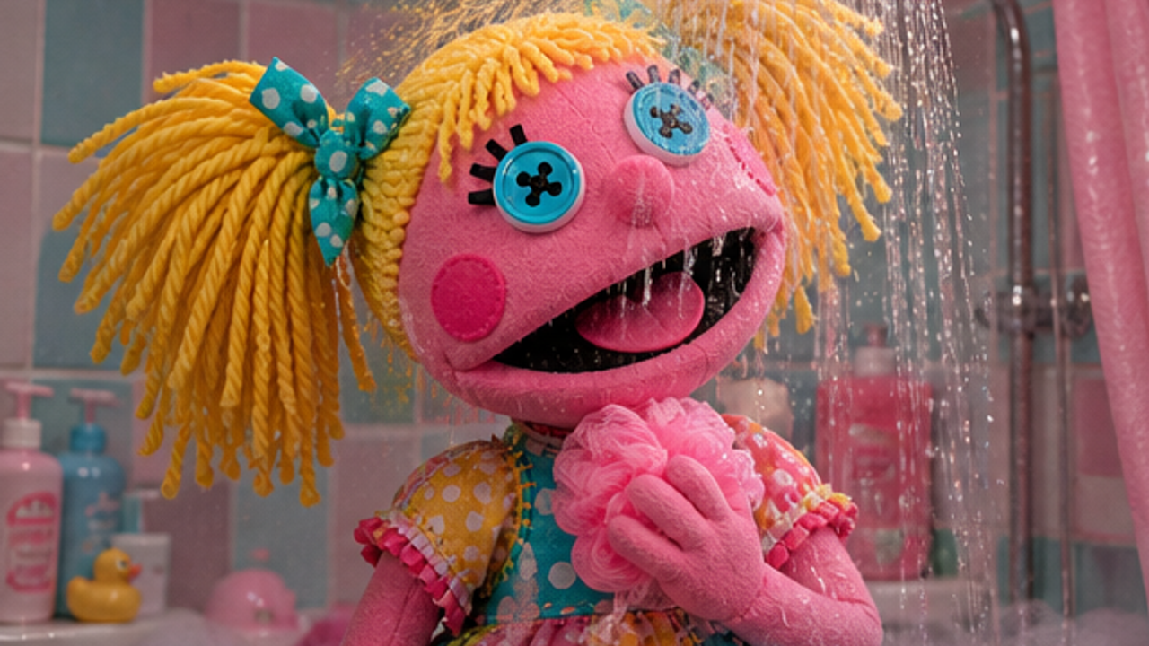Bubblegum Betty stands in the shower, water cascading down, unaware of the approaching danger. Emotional tone: calm, relaxed. The bathroom door slowly creaks open, revealing Bjorn the Berserker's silhouette holding a knife. Emotional tone: menacing, advancing. Bjorn the Berserker pulls back the shower curtain abruptly, startling Bubblegum Betty. Emotional tone: screaming in terror. Bjorn the Berserker raises the knife high, casting a shadow over Bubblegum Betty. Emotional ton Storyboard cover art