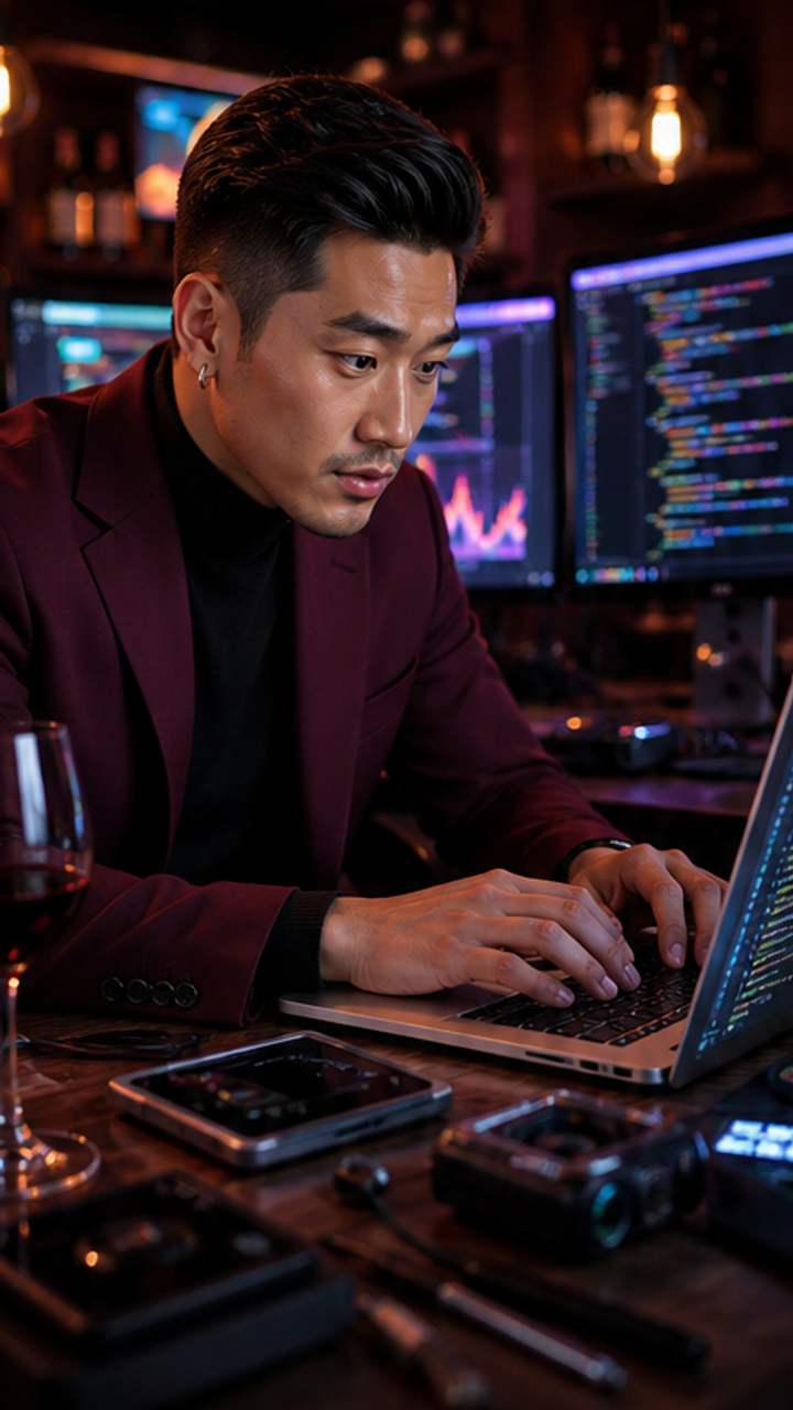 Jin-Ho Park sits at a sleek, modern desk cluttered with tech gadgets, typing furiously on his laptop. The screen displays lines of code streaming rapidly. Emotional tone: focused, determined. Close-up of Jin-Ho's face, eyes wide with excitement as he uploads an image and watches the process unfold on his screen. Emotional tone: excited, fast-talking. The camera captures Jin-Ho's screen showing a live preview of a sprite sheet animation playing smoothly, with Jin-Ho visibly th Storyboard cover art