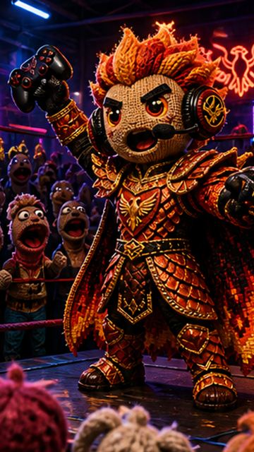 In a dimly lit underground puppet arena, Phoenix Knight at the PC Bang stands in the center ring, surrounded by an enthusiastic puppet crowd. The atmosphere is charged with anticipation. Emotional tone: announcer-like, enthusiastic. Phoenix Knight at the PC Bang gestures toward two colorful sock puppets at the edge of the ring. One puppet has a sly, confident expression, while the other looks eccentric and colorful, reminiscent of a parrot. Emotional tone: amused, storytellin Storyboard