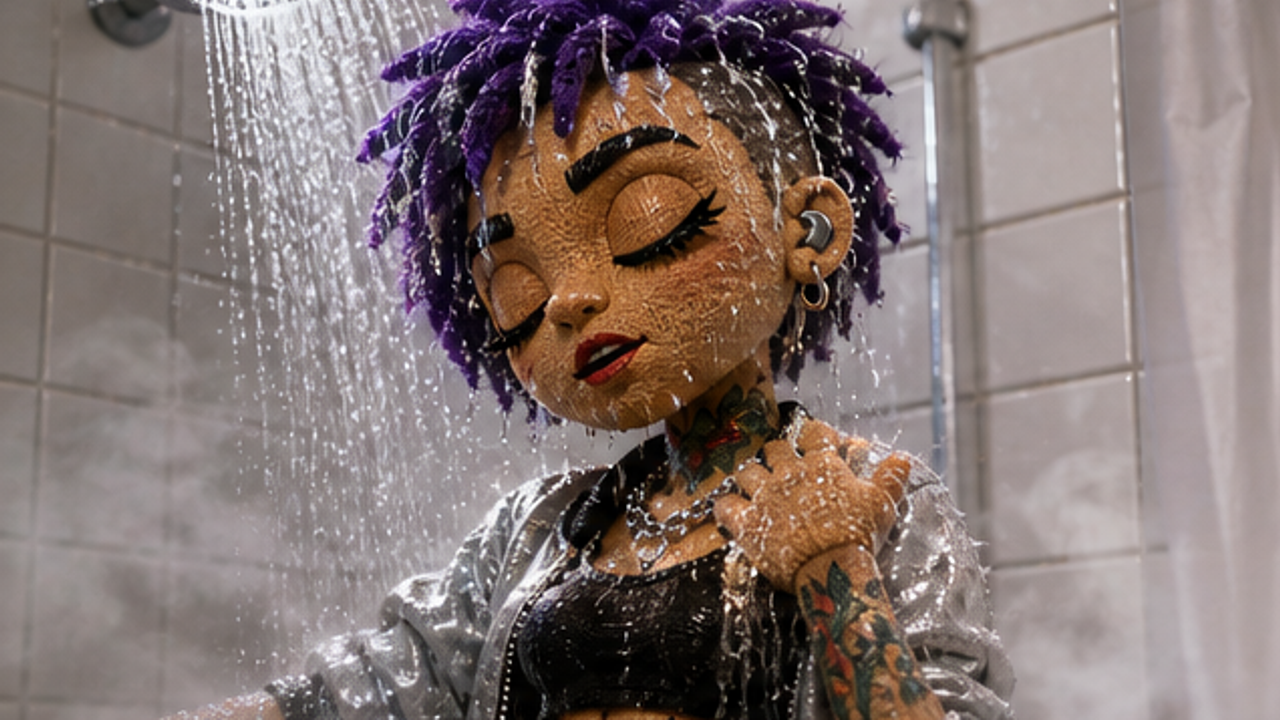 Rhythm Blaze stands under the shower, the water cascading over them, creating a serene and vulnerable atmosphere. The bathroom is stark and white-tiled, with steam rising around them. Emotional tone: calm, unaware. The shower curtain is suddenly pulled back, revealing Phoenix Knight at the PC Bang standing menacingly, holding a large knife, ready to strike. Emotional tone: menacing, determined. Rhythm Blaze turns in shock, eyes wide with terror as they realize the threat loom Storyboard cover art