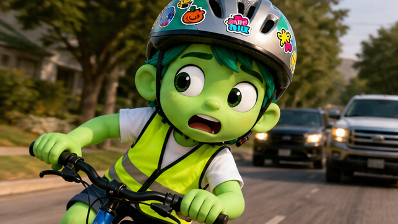 Riley the Bike Safety Officer pedals furiously down a suburban street, the handlebars wobbling as he tries to evade the pursuing vehicles. The sunlight glints off his helmet as he glances back, determination etched on his face. Emotional tone: urgent, determined. The chase intensifies as Riley steers his bike towards a steep hill, the wheels skidding slightly on the pavement. The vehicles behind him accelerate, closing the gap. Emotional tone: tense, focused. As Riley reaches Storyboard cover art
