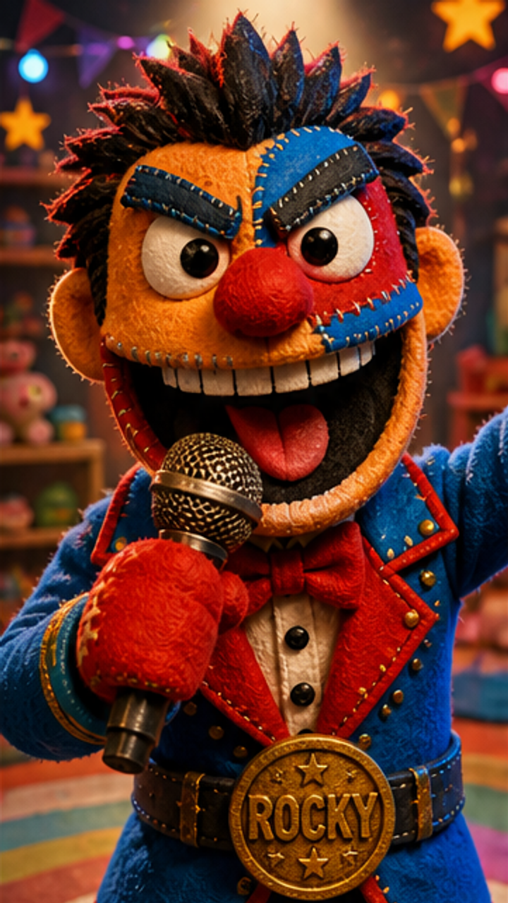 In a vibrant nursery room filled with toys and colorful decorations, Rocky the Ringmaster stands center stage, spotlight on him, with a playful grin on his face. Music starts to play in the background. Emotional tone: cheerful, enthusiastic. Rocky the Ringmaster begins to dance energetically, mimicking the iconic Gangnam Style moves with exaggerated puppet movements. His felt boxing gloves add a comedic flair as he swings his arms. Emotional tone: playful, energetic. Rocky pa Storyboard cover art