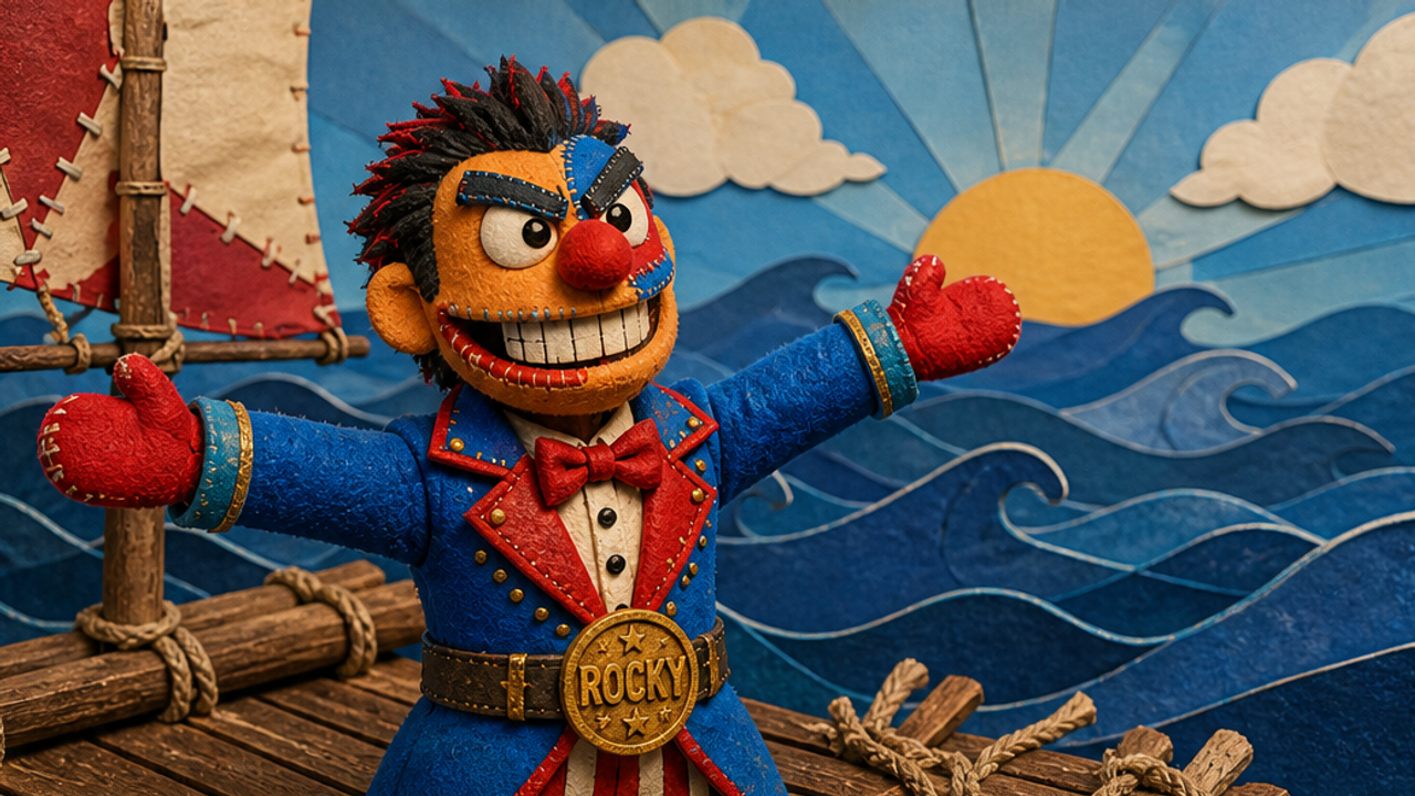 On a makeshift wooden raft set against a painted backdrop of the ocean, Rocky the Ringmaster stands at the edge, arms outstretched, grinning at the horizon. Emotional tone: joyful, triumphant. Rocky the Ringmaster turns to the Auto-character - Paper Cutout, who stands beside him, mimicking the pose with paper arms spread wide. Emotional tone: happy, supportive. The camera zooms out to show the puppet and paper cutout duo on the raft, surrounded by a whimsical ocean made of bl Storyboard cover art