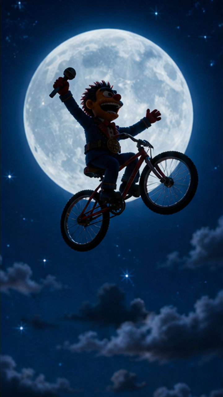 A moonlit night with a silhouette of Rocky the Ringmaster on a bicycle, soaring through the sky, the stars twinkling around him. Emotional tone: joyful, triumphant. Rocky looks down in awe as the ground below becomes a distant patchwork of glowing lights and dark forests. Emotional tone: awed, breathless. The bicycle glides smoothly through the air, with Rocky's arms stretched wide, embracing the freedom and wonder of the flight. Emotional tone: elated. Rocky lets out a joyfu Storyboard cover art