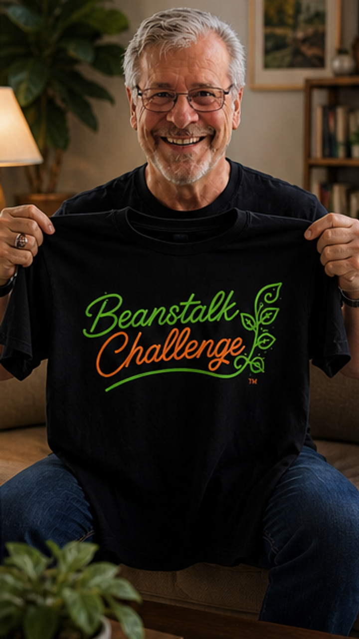 In a cozy living room, Rick Schwartz sits comfortably on a couch, holding up a sleek T-shirt with 'Beanstalk Challenge' emblazoned across it. He looks directly into the camera, a playful grin on his face. Emotional tone: amused, conversational. Rick leans in closer to the camera, his expression turning into a mock-serious face as he continues to speak. Emotional tone: teasing, mock-serious. A quick cutaway to a montage of people busy building various projects: someone coding Storyboard cover art
