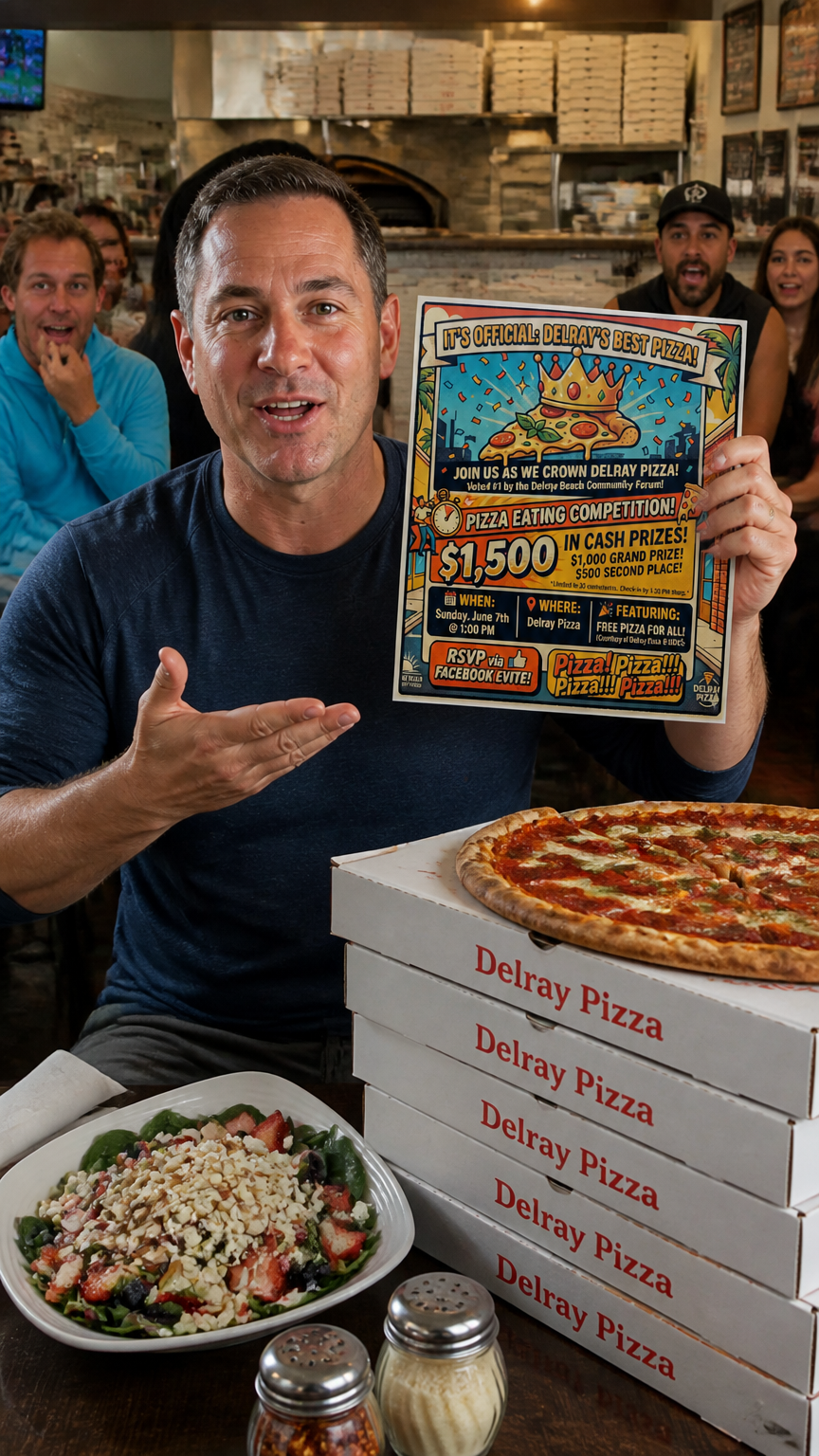 pizza eating contest tomorrow at delray pizza (EVENT INVITATION VIDEO. The only official event date is exactly "Sunday, June 7, 2026 at 1:00 PM". Use this date on ONE intentional foreground invitation/date card only. For generated dialogue, voice, lyrics, or spoken lines, say the date/time naturally as "Sunday, June 7, 2026 at one o'clock in the afternoon". Do not speak raw numeric time like "Sunday, June 7, 2026 at 1:00 PM" or say digits as one thousand PM. Do not put any other readable date, weekday, time, calendar page, banner date, menu date, poster date, or background sign date anywhere in any scene. Background signage, restaurant walls, menus, posters, windows, pizza boxes, and banners must be blank, cropped, blurred, or unreadable unless they are the single foreground date card or a simple AIMusicVideo.com website banner. If the image contains a foreground date card, its text reads exactly "Sunday, June 7, 2026 at 1:00 PM" and no second date appears elsewhere.) Storyboard cover art