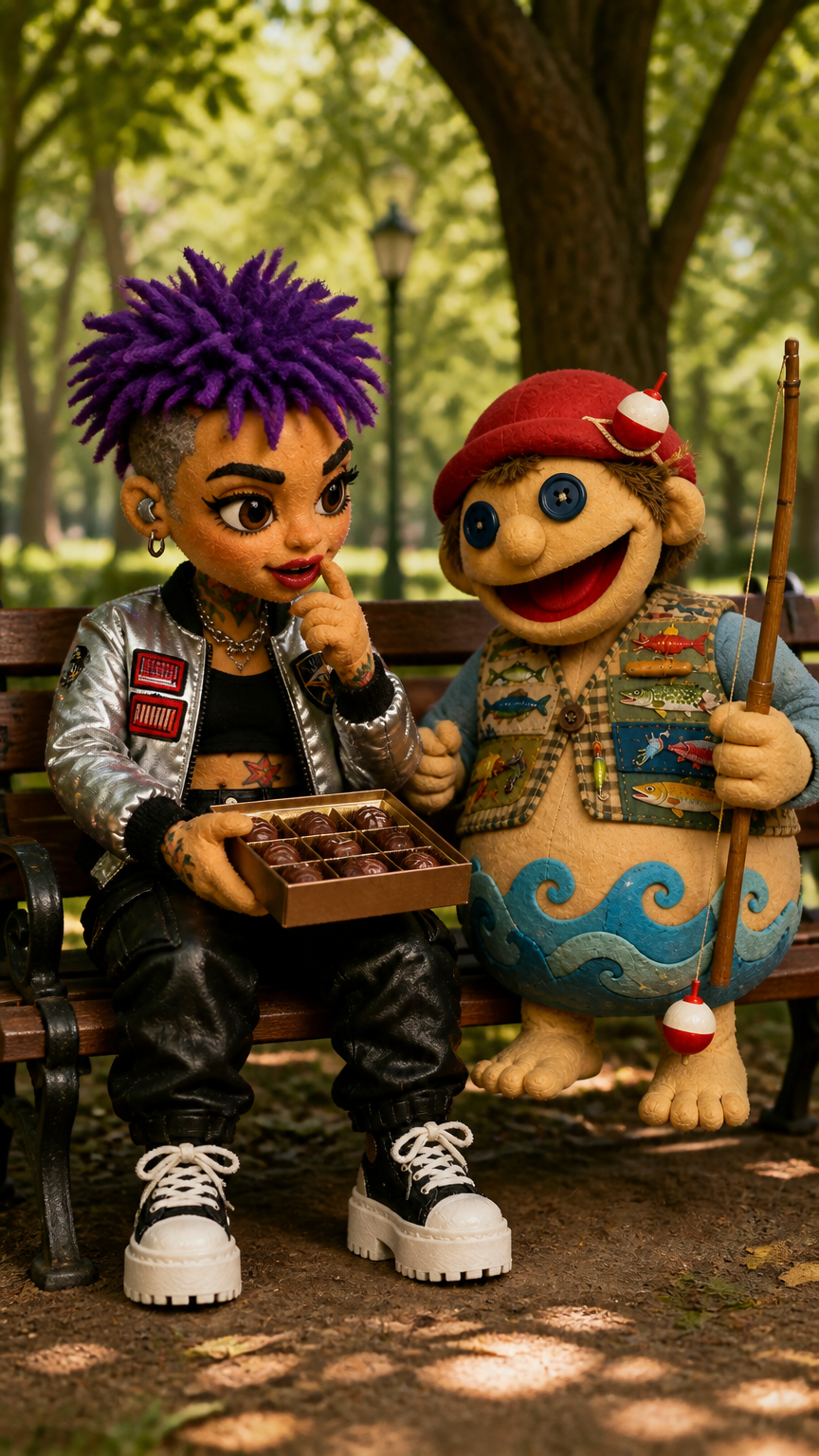 Rhythm Blaze sits on a park bench, looking thoughtful as he holds a box of chocolates in his lap. The sun filters through the trees, casting a warm glow on the scene. Emotional tone: reflective, gentle voice. Rhythm Blaze continues to gaze at the chocolates, his eyes softening with nostalgia. The park is peaceful, with the sound of distant laughter and birds chirping. Emotional tone: wistful, soft-spoken. Storyboard cover art