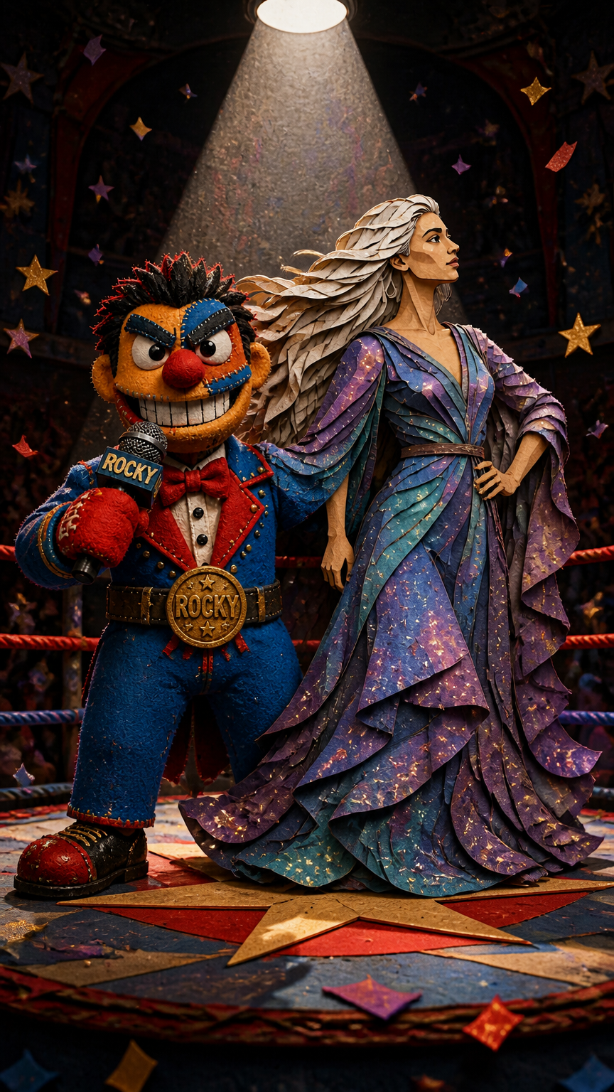 Rocky the Ringmaster stands in the center of a darkened stage, his colorful fabric face set in a determined expression. The spotlight shines brightly on him, casting shadows that dance around the arena. Emotional tone: defiant, commanding. Rocky the Ringmaster gestures broadly to the crowd, his felt boxing gloves adding flair to his movements. The audience is a blur of indistinct shapes, their presence felt but not seen. Emotional tone: challenging, questioning. Rocky the Rin Storyboard cover art