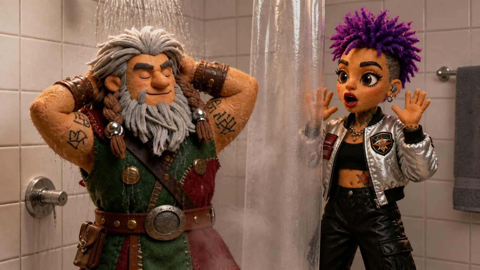 Thorin Ironfist stands alone in the shower, water cascading down his tattooed arms, unaware of the approaching danger beyond the translucent curtain. Emotional tone: calm, relaxed. The silhouette of Rhythm Blaze - Puppet appears behind the shower curtain, slowly drawing closer with a menacing presence. Emotional tone: menacing, advancing. The curtain is suddenly pulled back, revealing Rhythm Blaze - Puppet holding a large knife aloft, poised to strike. Emotional tone: intense Storyboard cover art