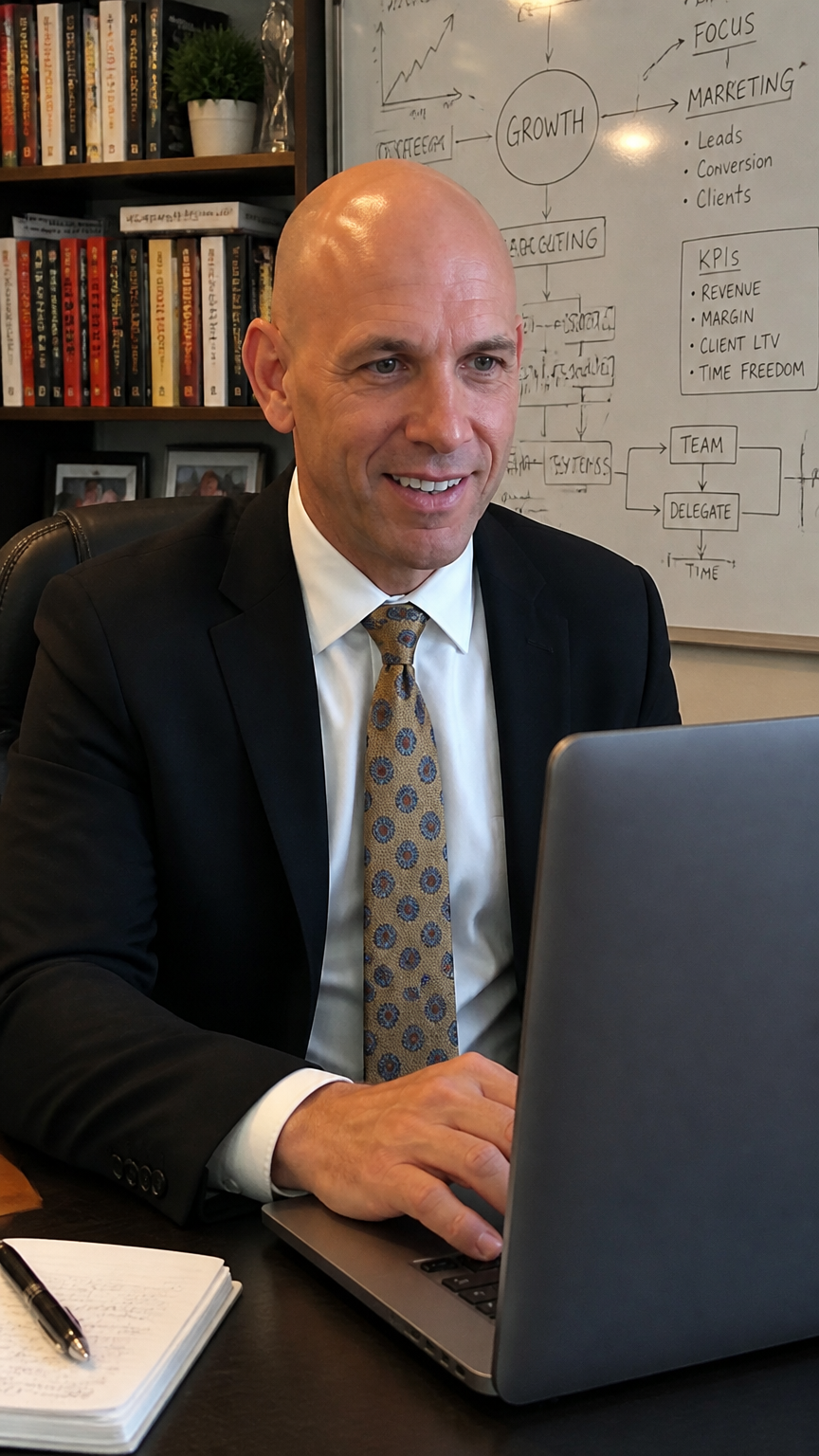 Todd Ryan sits at a desk, looking at his computer screen. The room is filled with business books and a whiteboard with sketches behind him. The camera focuses on his thoughtful expression. Emotional tone: thoughtful, explaining. Todd leans back in his chair, gesturing animatedly as he explains his business model. His enthusiasm is evident as he speaks. Emotional tone: enthusiastic, animated. Todd stands up and walks to the whiteboard, pointing at a diagram that outlines the g Storyboard cover art